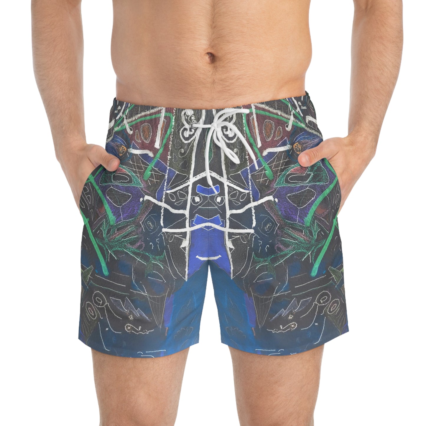 Blue, Green, Black, Geometric Cyberpunk 2022 Swimming Trunks!