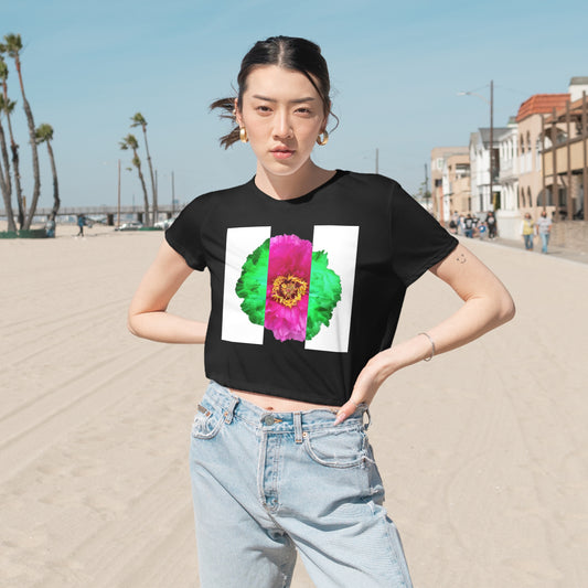 Flowy Cropped Tee 01: Pop Art Flower Striped Black Summer 2022 Attitude