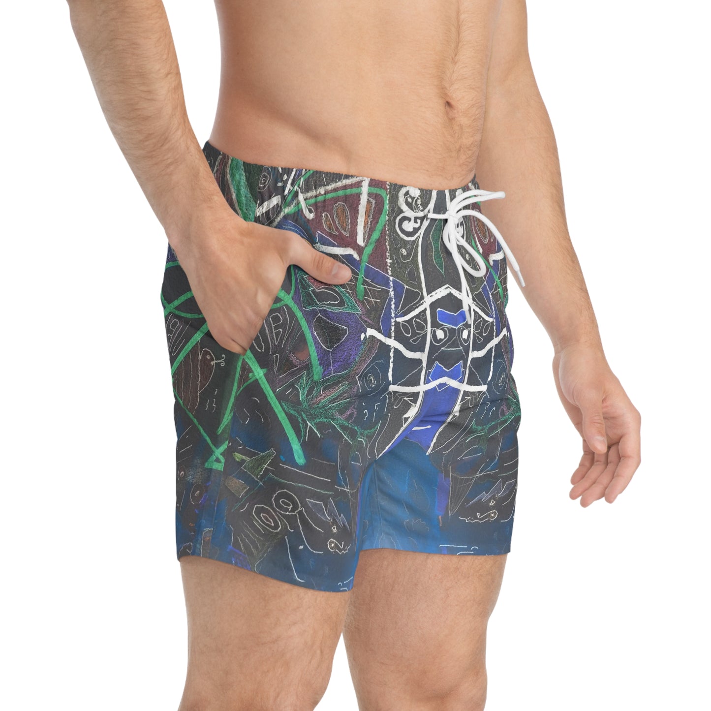 Blue, Green, Black, Geometric Cyberpunk 2022 Swimming Trunks!
