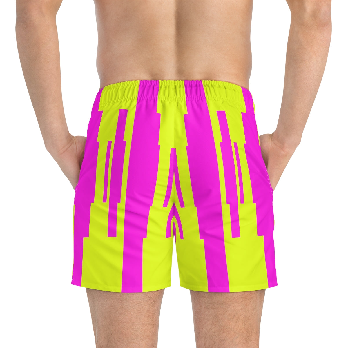 Geometric Fluorescent Yellow And Pink Summer 2022 Swimming Trunks!