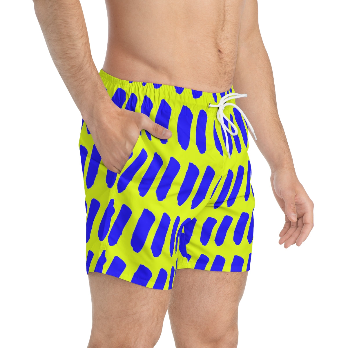 Fluorescent Yellow Summer 2022 Swimming Trunks with Blue Dashes!