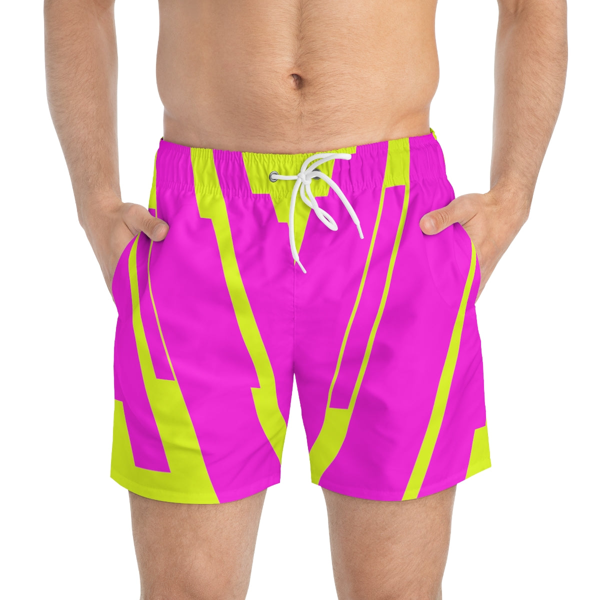 Fluorescent Yellow And Pink Geometric Print Summer 2022 Swimming Trunks!