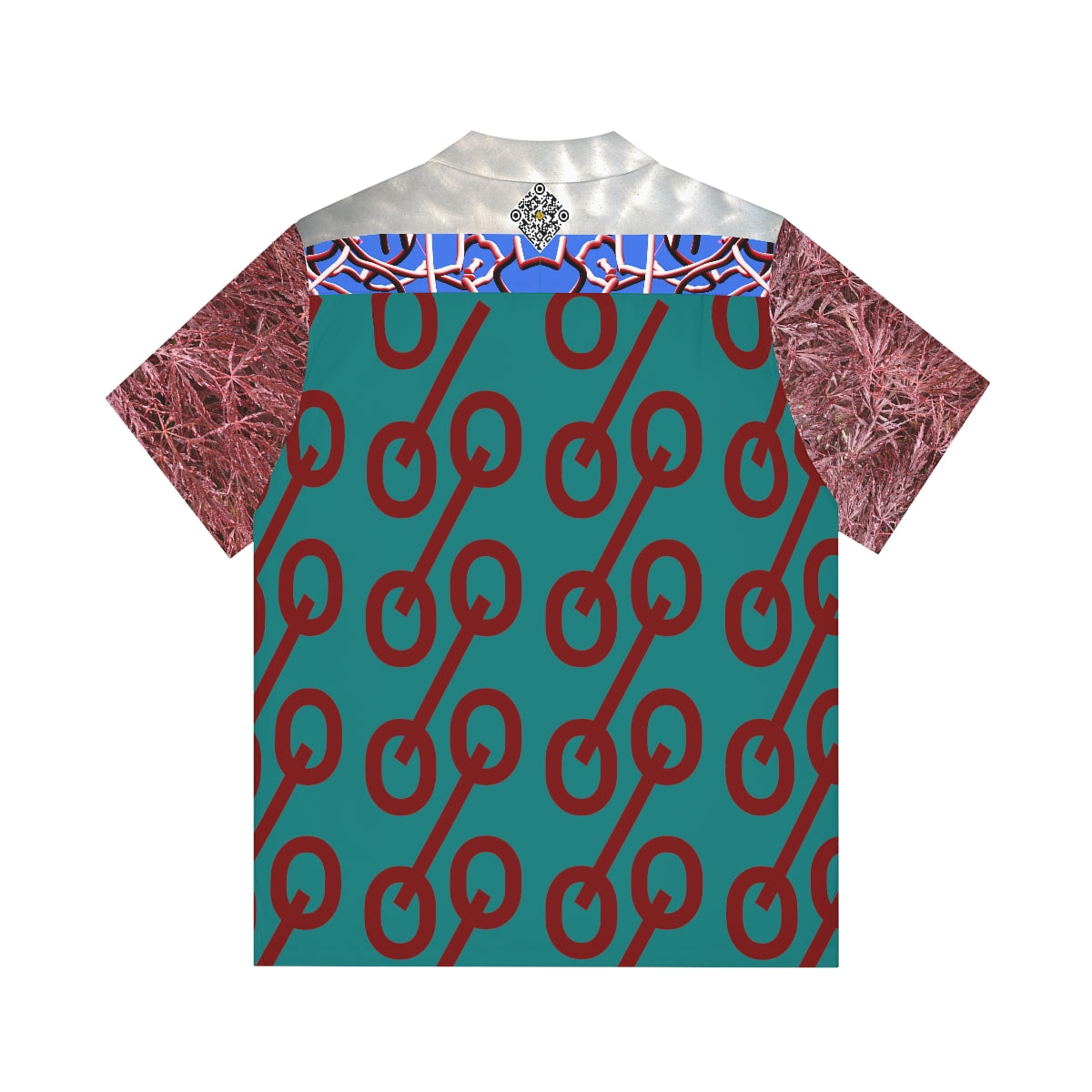 Hawaiian Shirt 03: Dark Teal and Mystic Sanguine Percent Signs and Foliage with Circular Brushed Steel Tubular Accents!