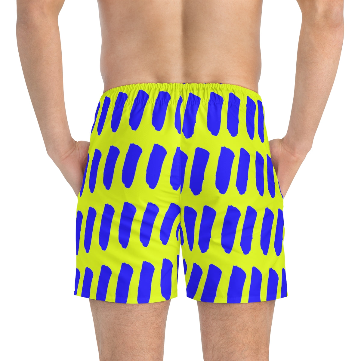Fluorescent Yellow Summer 2022 Swimming Trunks with Blue Dashes!