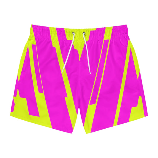 Fluorescent Yellow And Pink Geometric Print Summer 2022 Swimming Trunks!