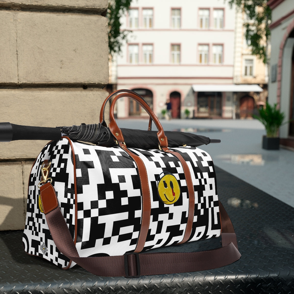 Waterproof Travel Bag 09: Pixelated Black & White with Yellow Smiley!