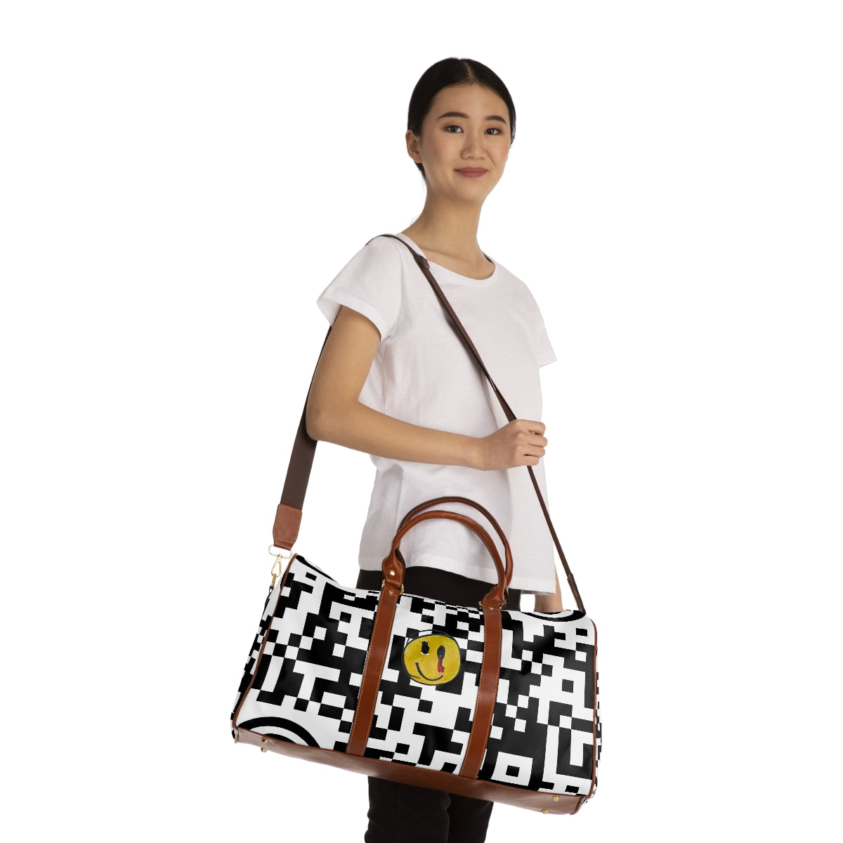 Waterproof Travel Bag 09: Pixelated Black & White with Yellow Smiley!
