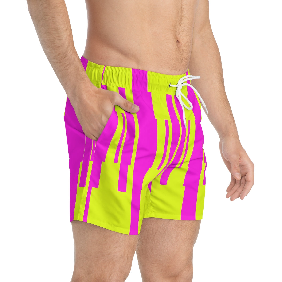 Geometric Fluorescent Yellow And Pink Summer 2022 Swimming Trunks!