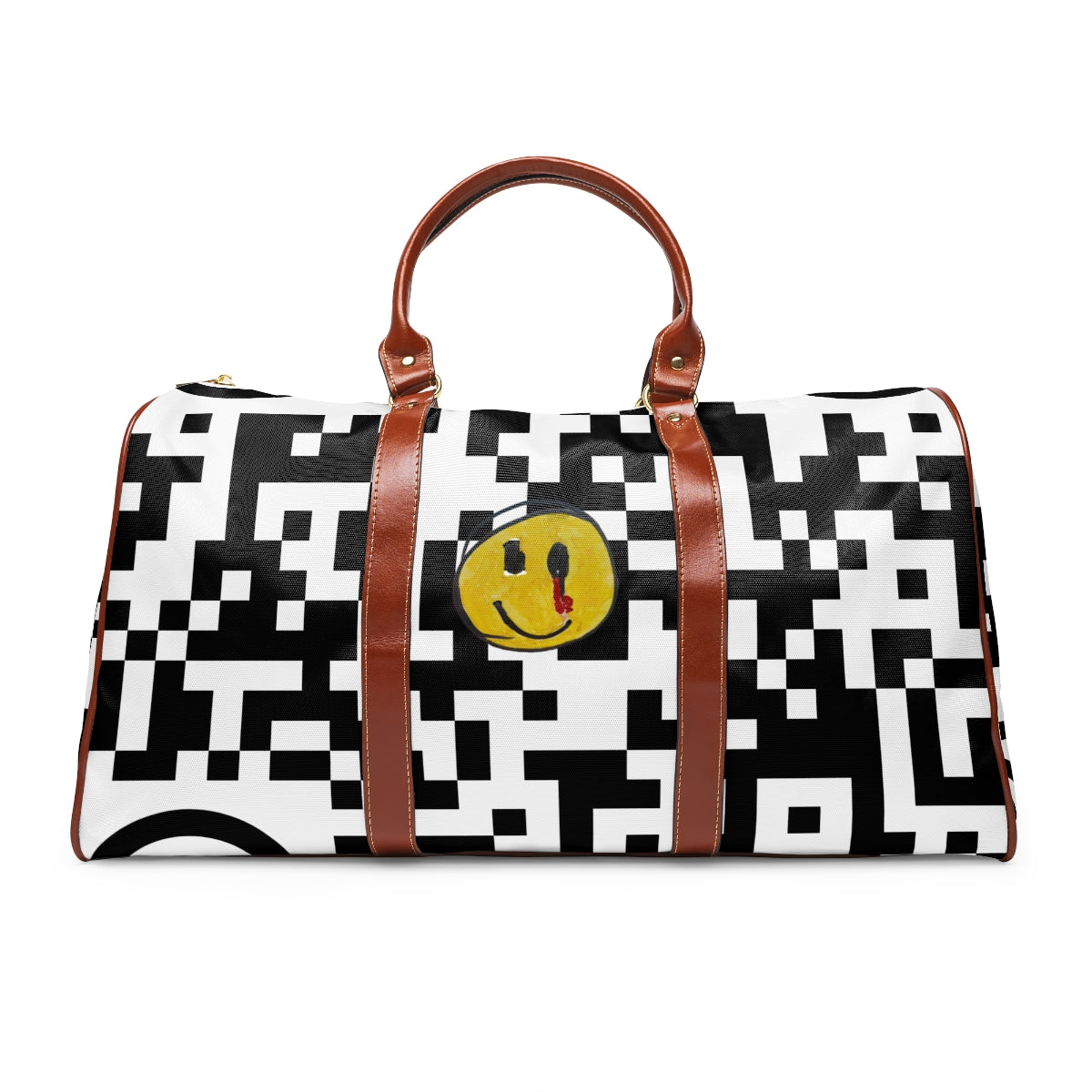 Waterproof Travel Bag 09: Pixelated Black & White with Yellow Smiley!