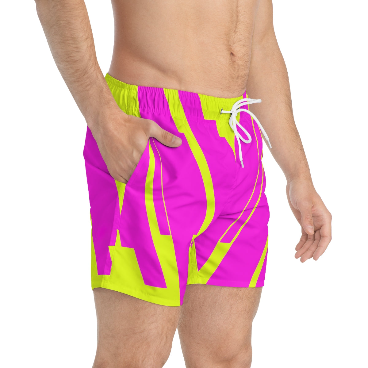 Fluorescent Yellow And Pink Geometric Print Summer 2022 Swimming Trunks!