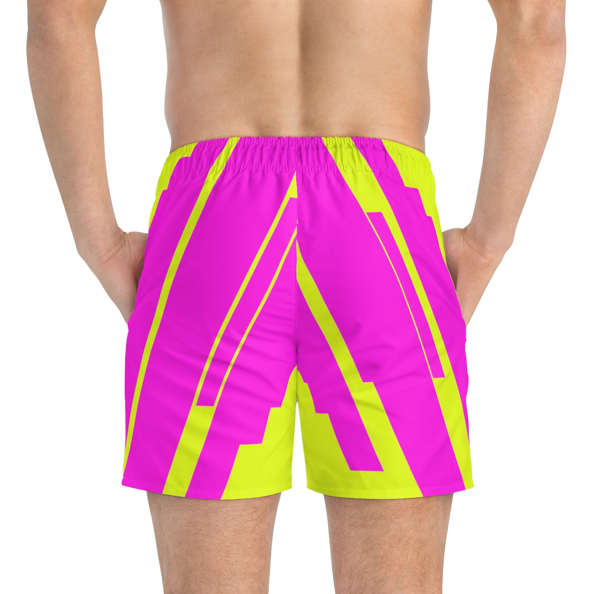Fluorescent Yellow And Pink Geometric Print Summer 2022 Swimming Trunks!
