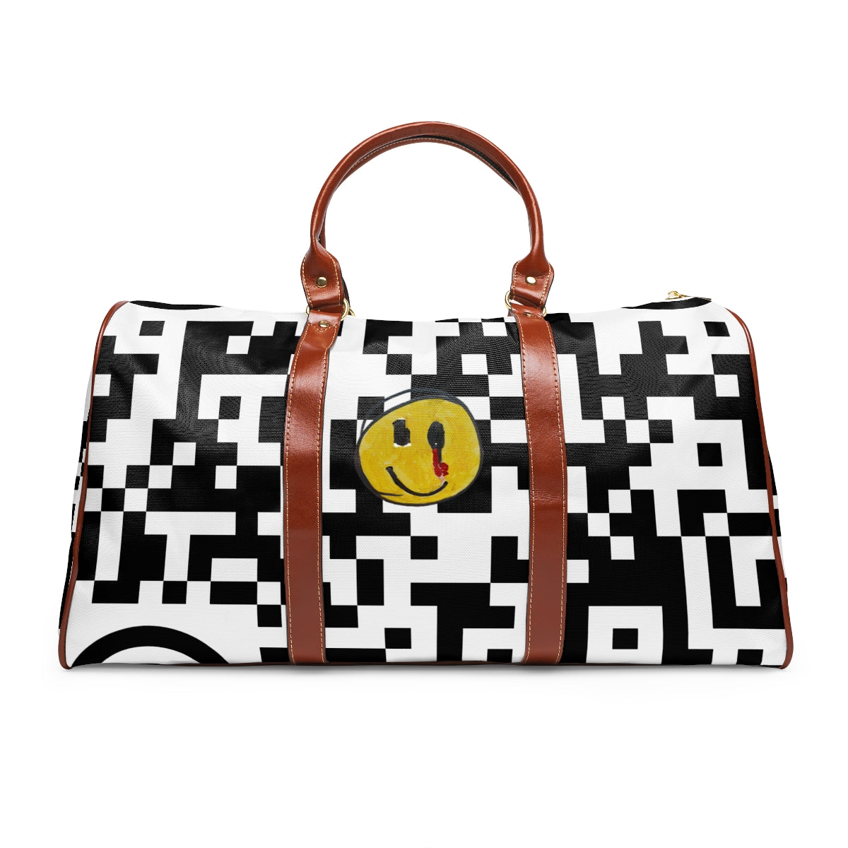 Waterproof Travel Bag 09: Pixelated Black & White with Yellow Smiley!