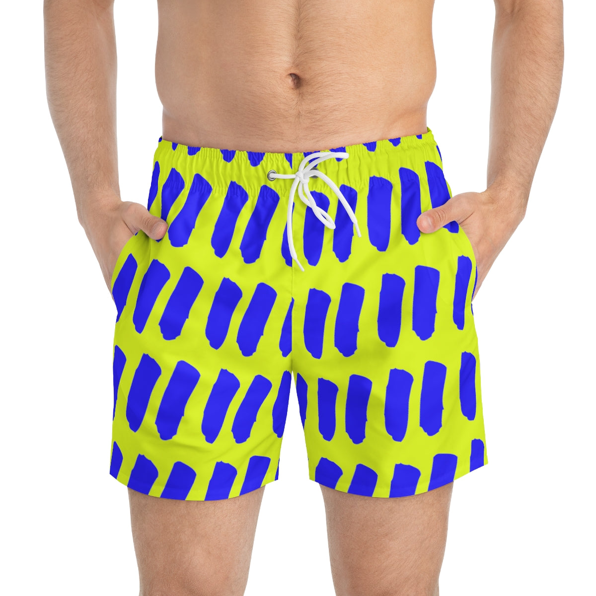 Fluorescent Yellow Summer 2022 Swimming Trunks with Blue Dashes!