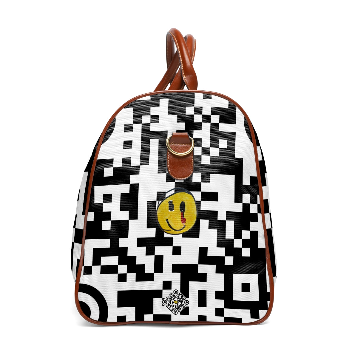 Waterproof Travel Bag 09: Pixelated Black & White with Yellow Smiley!