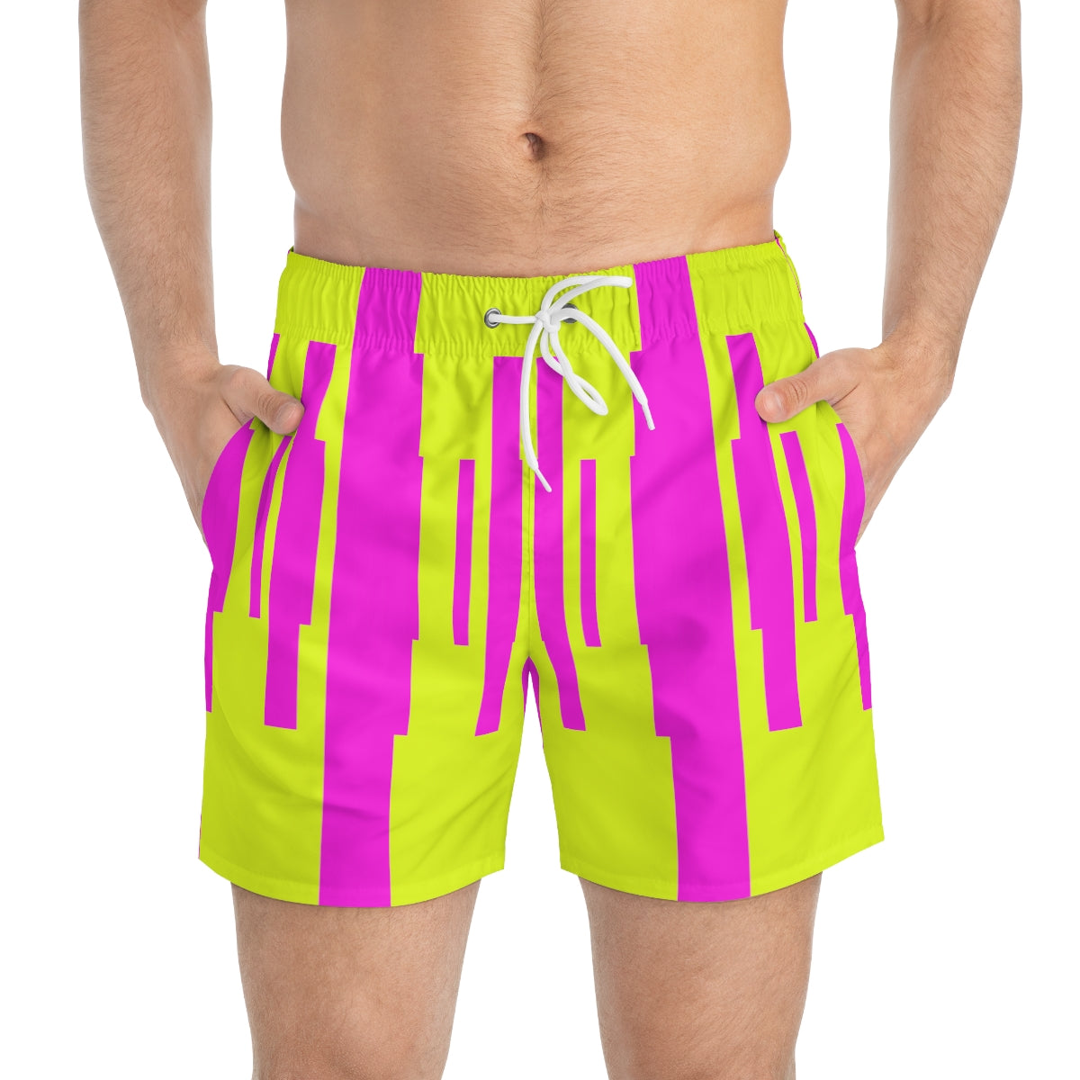 Geometric Fluorescent Yellow And Pink Summer 2022 Swimming Trunks!