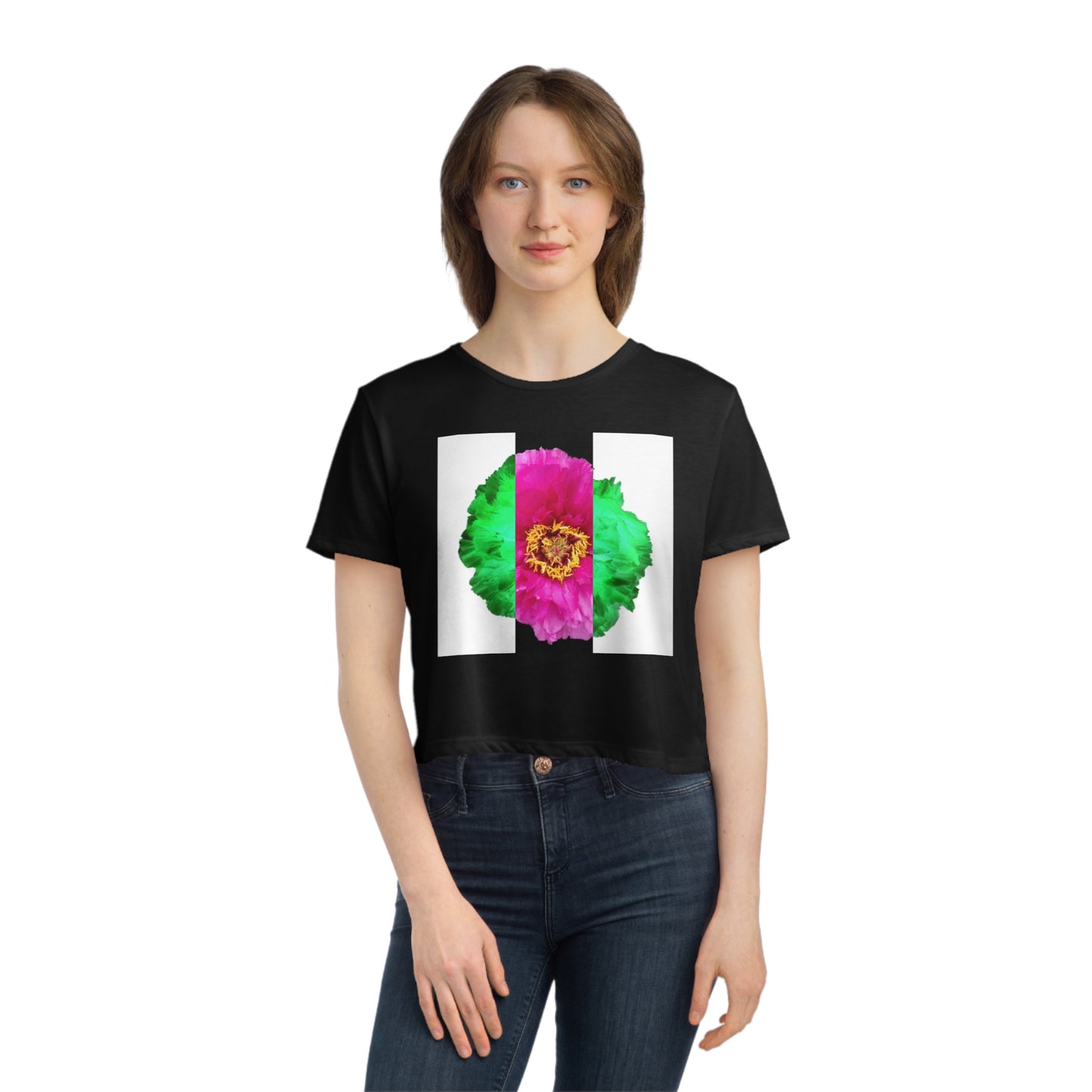 Flowy Cropped Tee 01: Pop Art Flower Striped Black Summer 2022 Attitude