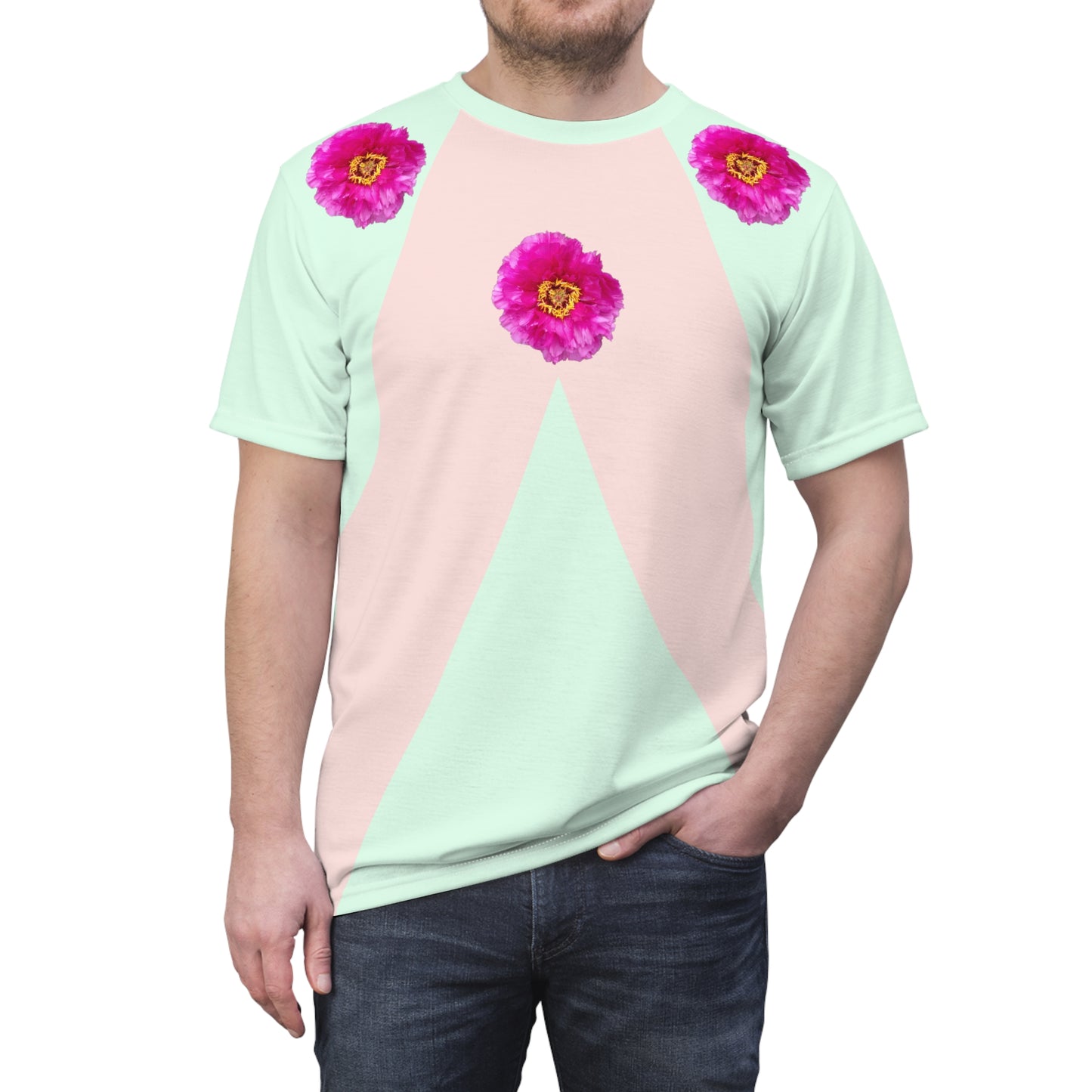 Pastel Summer 2022 Tee 01: Pale Green & Peach Geometry with Carnation Graphic Epaulettes