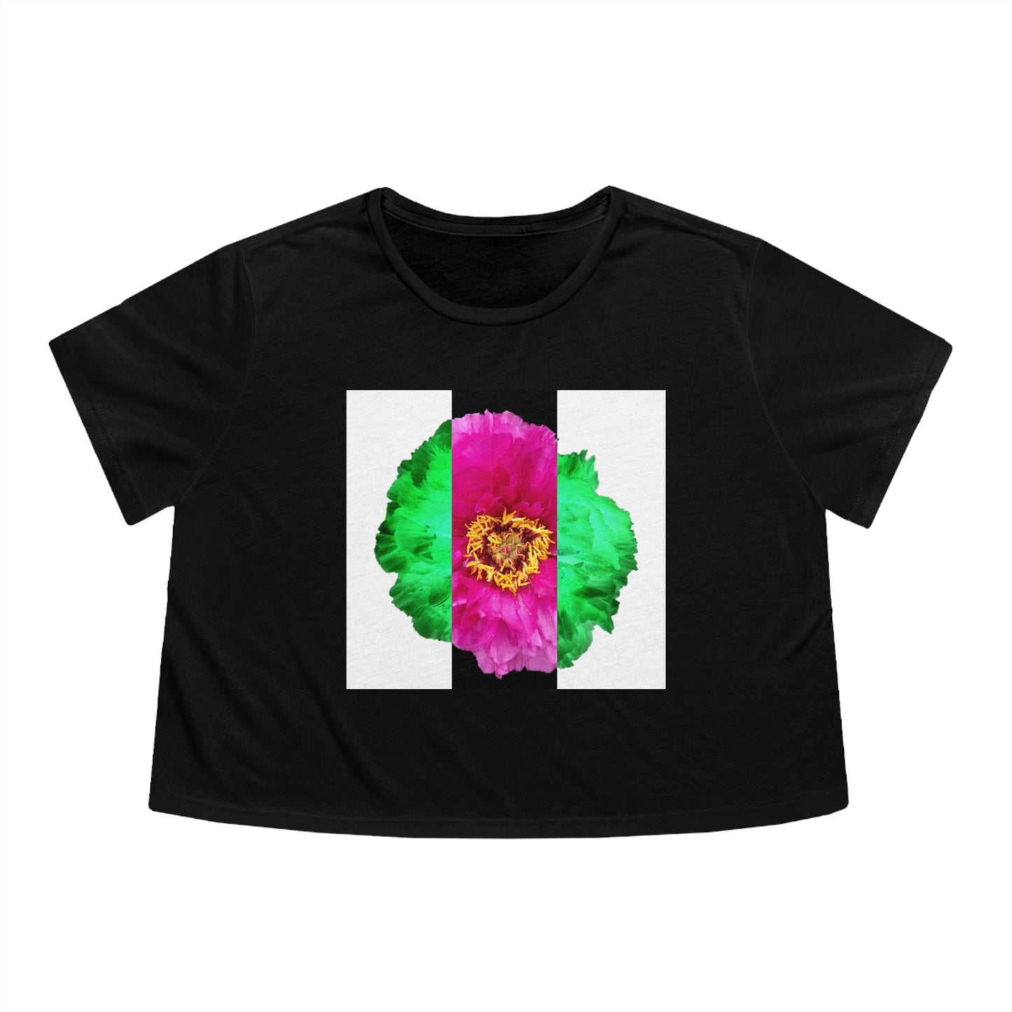 Flowy Cropped Tee 01: Pop Art Flower Striped Black Summer 2022 Attitude