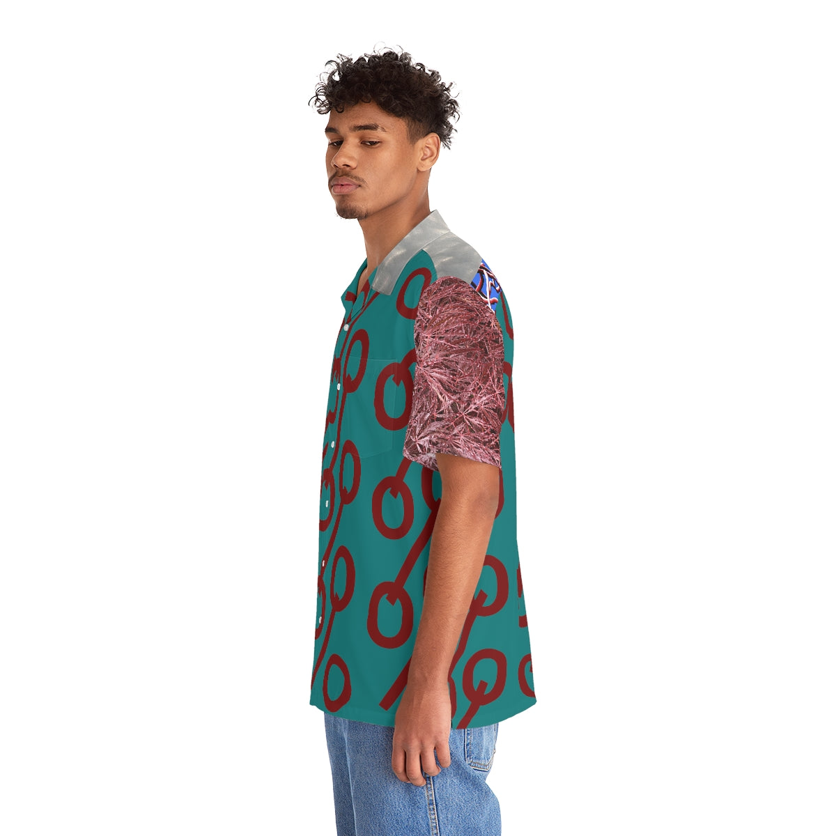 Hawaiian Shirt 03: Dark Teal and Mystic Sanguine Percent Signs and Foliage with Circular Brushed Steel Tubular Accents!