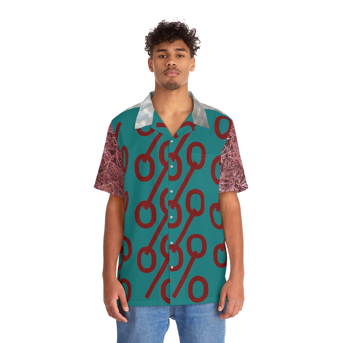 Hawaiian Shirt 03: Dark Teal and Mystic Sanguine Percent Signs and Foliage with Circular Brushed Steel Tubular Accents!