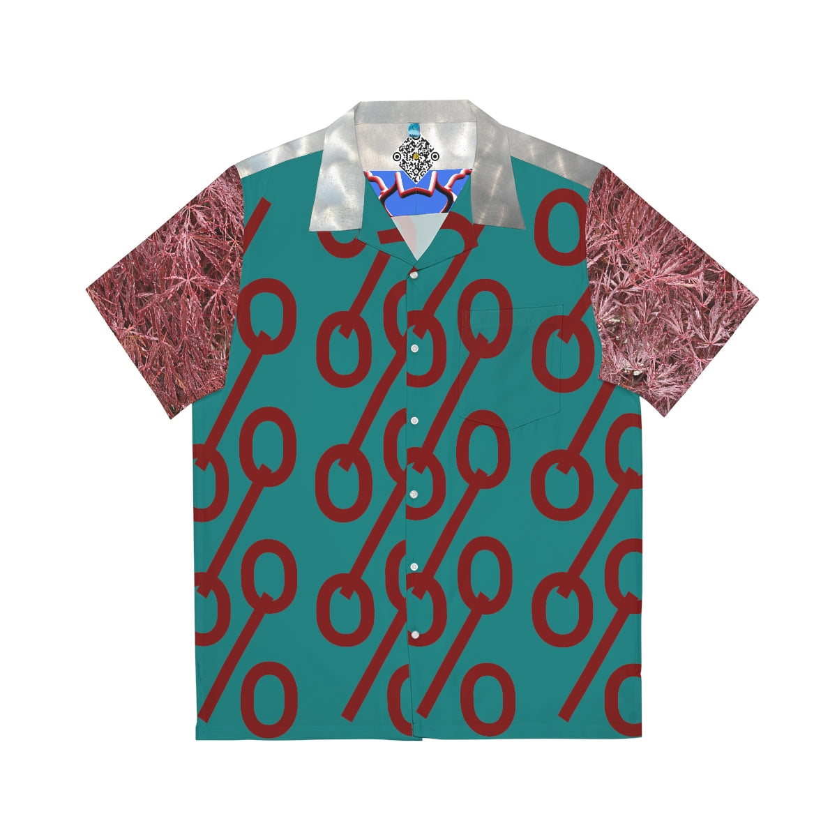 Hawaiian Shirt 03: Dark Teal and Mystic Sanguine Percent Signs and Foliage with Circular Brushed Steel Tubular Accents!