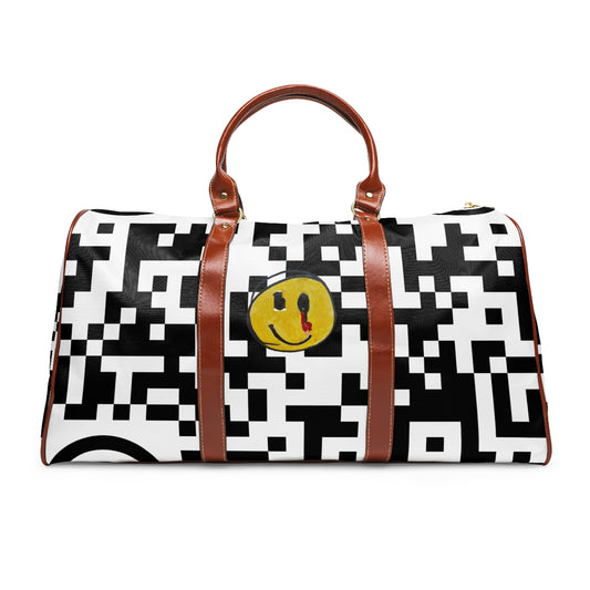 Waterproof Travel Bag 09: Pixelated Black & White with Yellow Smiley!