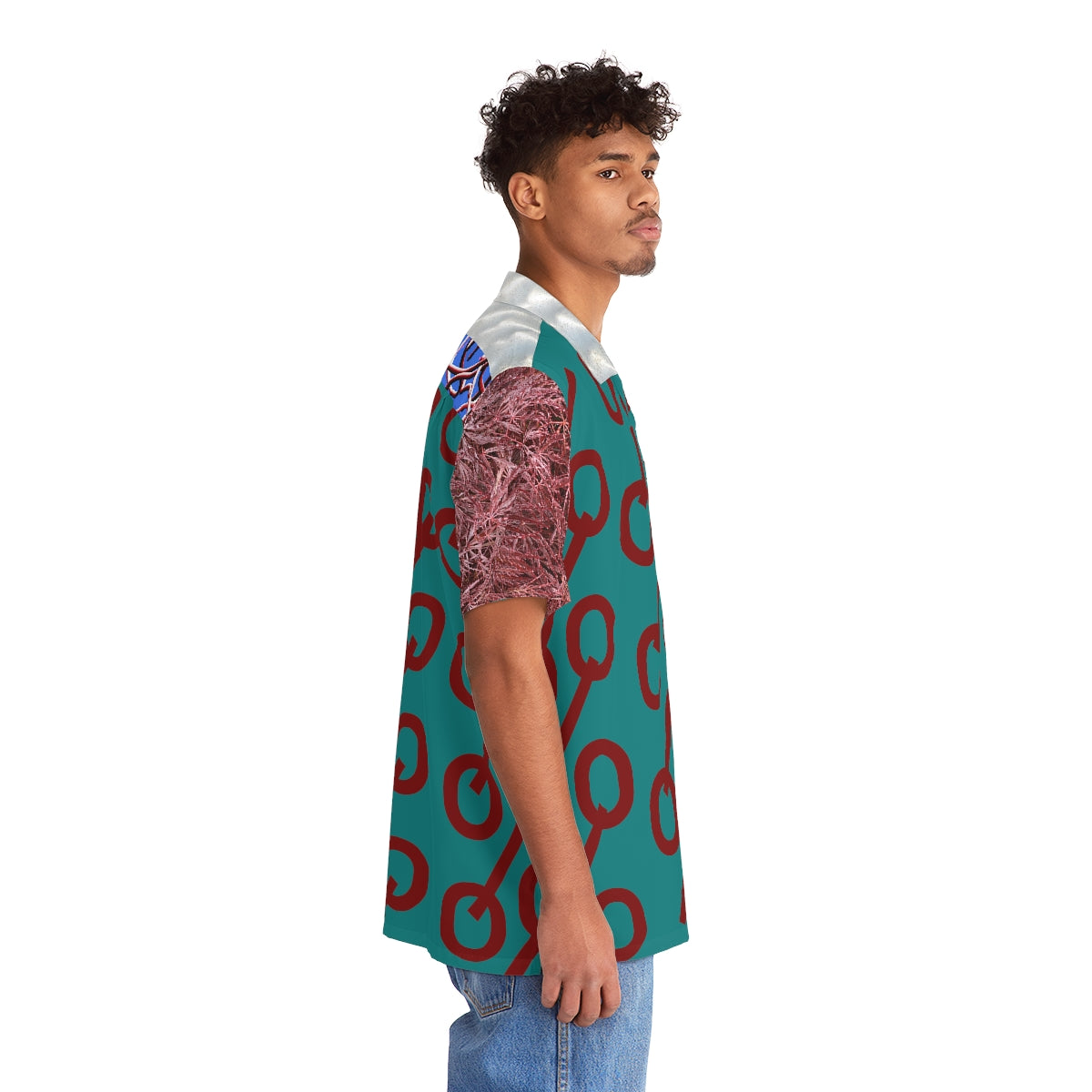 Hawaiian Shirt 03: Dark Teal and Mystic Sanguine Percent Signs and Foliage with Circular Brushed Steel Tubular Accents!