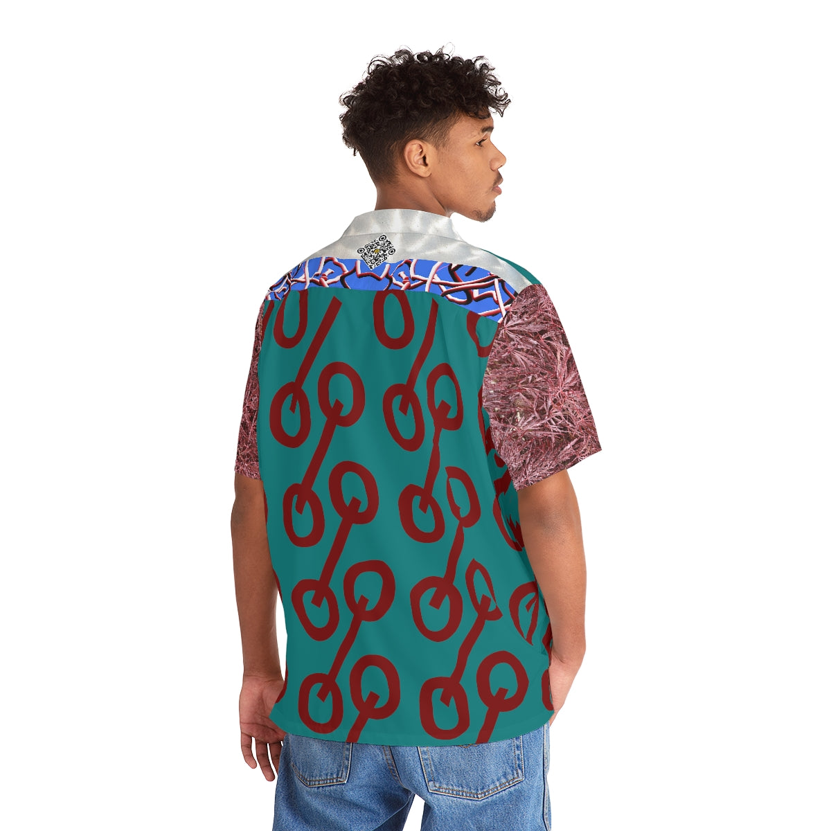 Hawaiian Shirt 03: Dark Teal and Mystic Sanguine Percent Signs and Foliage with Circular Brushed Steel Tubular Accents!