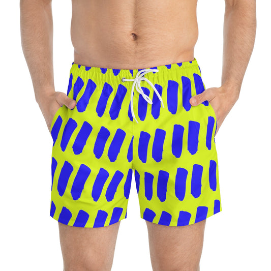Fluorescent Yellow Summer 2022 Swimming Trunks with Blue Dashes!